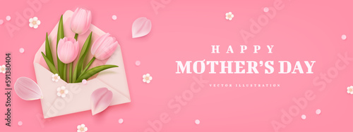 Mother's day greeting background with realistic envelope and tulips. Vector illustration for poster, brochures, booklets, promotional materials, website