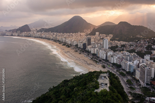 Beautiful aerial view to city buildings, mountains and Copacabana