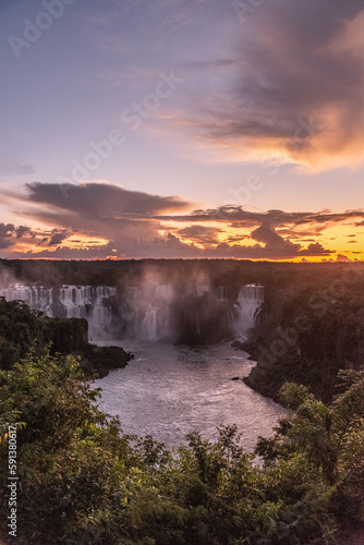 Beautiful view to Iguazu Falls waterfalls with green rainforest 