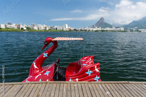 Beautiful view to swan pedal boat on urban lagoon photo