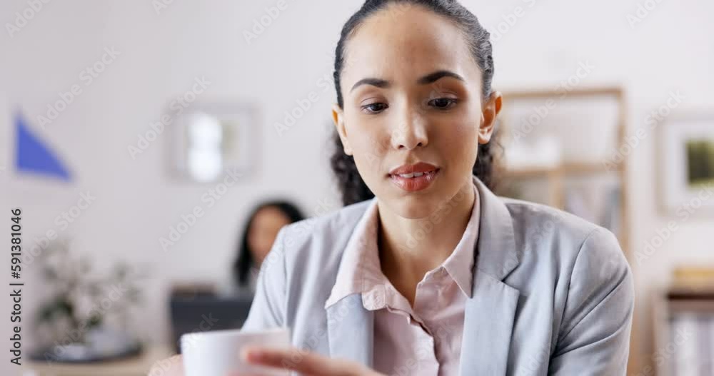 Business woman, reading on laptop with coffee cup, focus and concentration with research for project at office. Data analysis, review on digital device with female drinking hot beverage in workplace Business woman, reading on laptop with coffee cup, focus and concentration with research for project at office. Data analysis, review on digital device with female drinking hot beverage in workplace