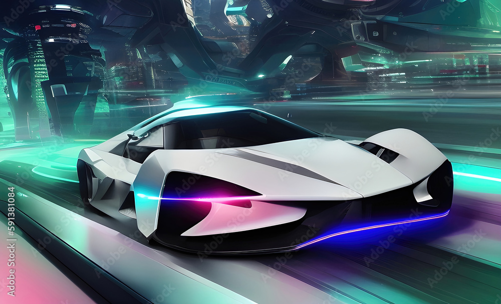Electric supercar in futuristic city, fantastic sci fi modern sports car design. Generative Ai.