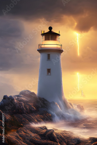 Lighthouse and rough sea around, storm with high sea waves. Generative Ai.