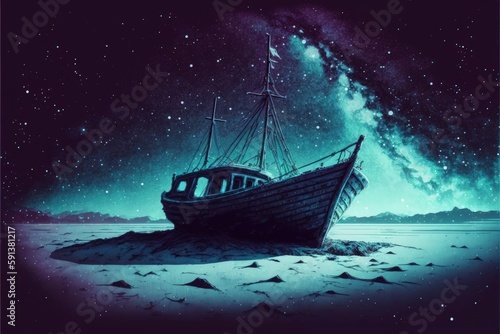 A stunning view of the deserted ship under the star-studded sky with the Milky Way galaxy. Fantasy concept , Illustration painting. Generative AI