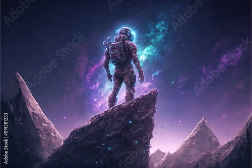 An astronaut standing on a rock amidst the starry expanse with colorful lights. Fantasy concept , Illustration painting. Generative AI