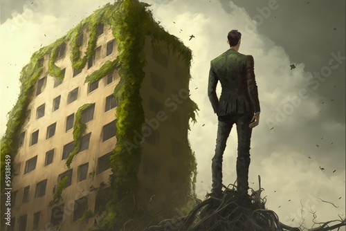 Wallpaper Mural Digital artwork portraying a man standing on colossal trees, gazing at an overgrown, deserted structure. Fantasy concept , Illustration painting. Generative AI Torontodigital.ca