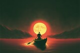 A surreal concept of a man rowing a boat in a glowing sea, gazing at the melting crescent moon. Fantasy concept , Illustration painting. Generative AI