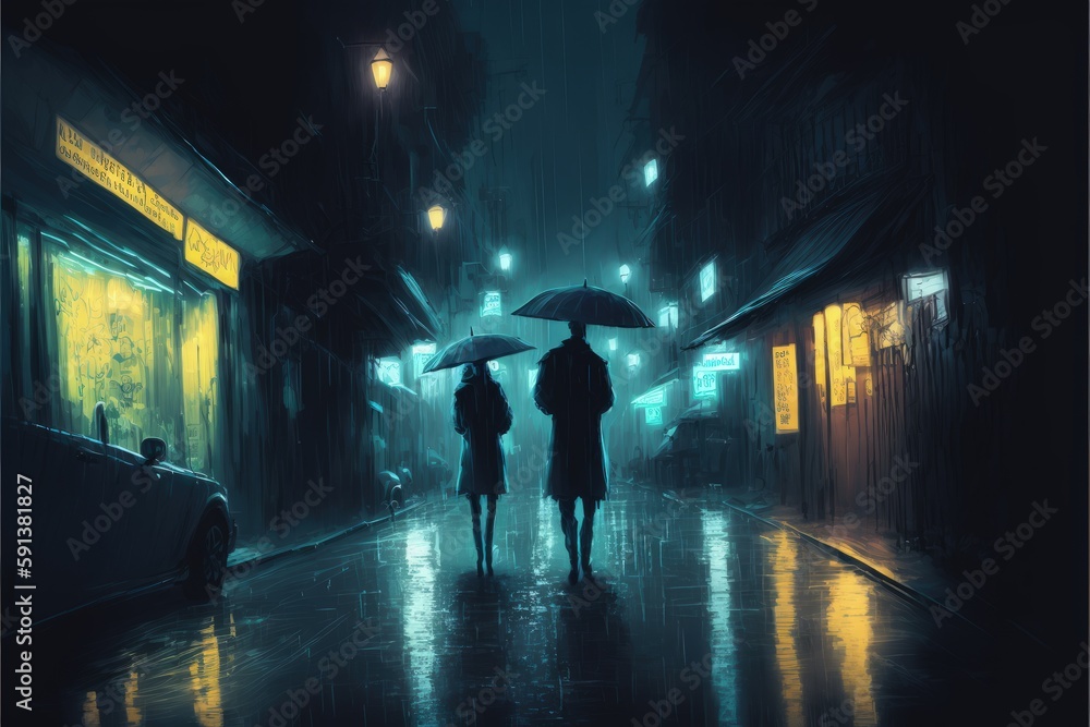 A sci-fi concept of a couple walking down an alley on a rainy night. Fantasy concept , Illustration painting. Generative AI