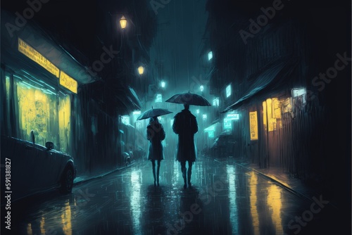 A sci-fi concept of a couple walking down an alley on a rainy night. Fantasy concept , Illustration painting. Generative AI