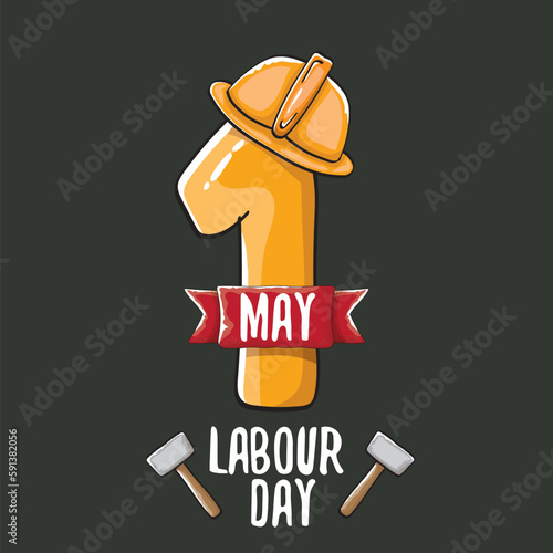 Cartoon Happy labour day vector label isolated on grey. vector happy labor day background or banner with engineer helmet, hummer and wrench. workers may day poster