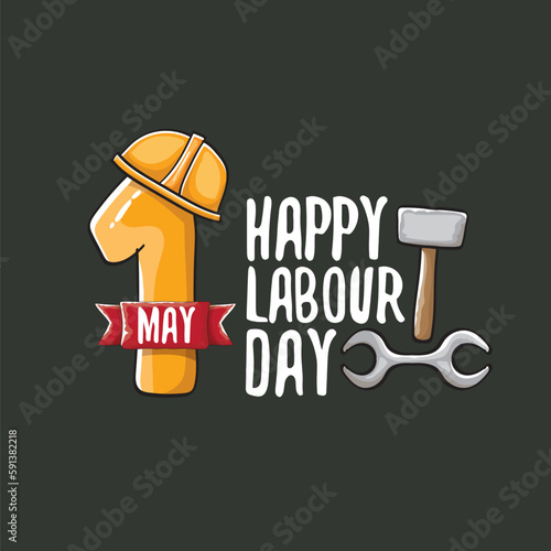 Cartoon Happy labour day vector label isolated on grey. vector happy labor day background or banner with engineer helmet, hummer and wrench. workers may day poster