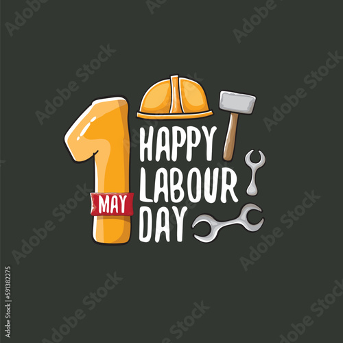 Cartoon Happy labour day vector label isolated on grey. vector happy labor day background or banner with engineer helmet, hummer and wrench. workers may day poster