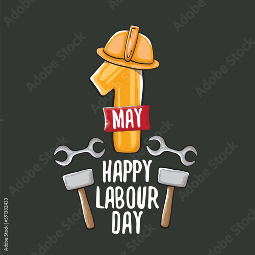 Cartoon Happy labour day vector label isolated on grey. vector happy labor day background or banner with engineer helmet, hummer and wrench. workers may day poster