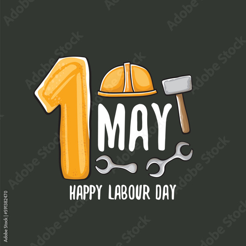 Cartoon Happy labour day vector label isolated on grey. vector happy labor day background or banner with engineer helmet, hummer and wrench. workers may day poster