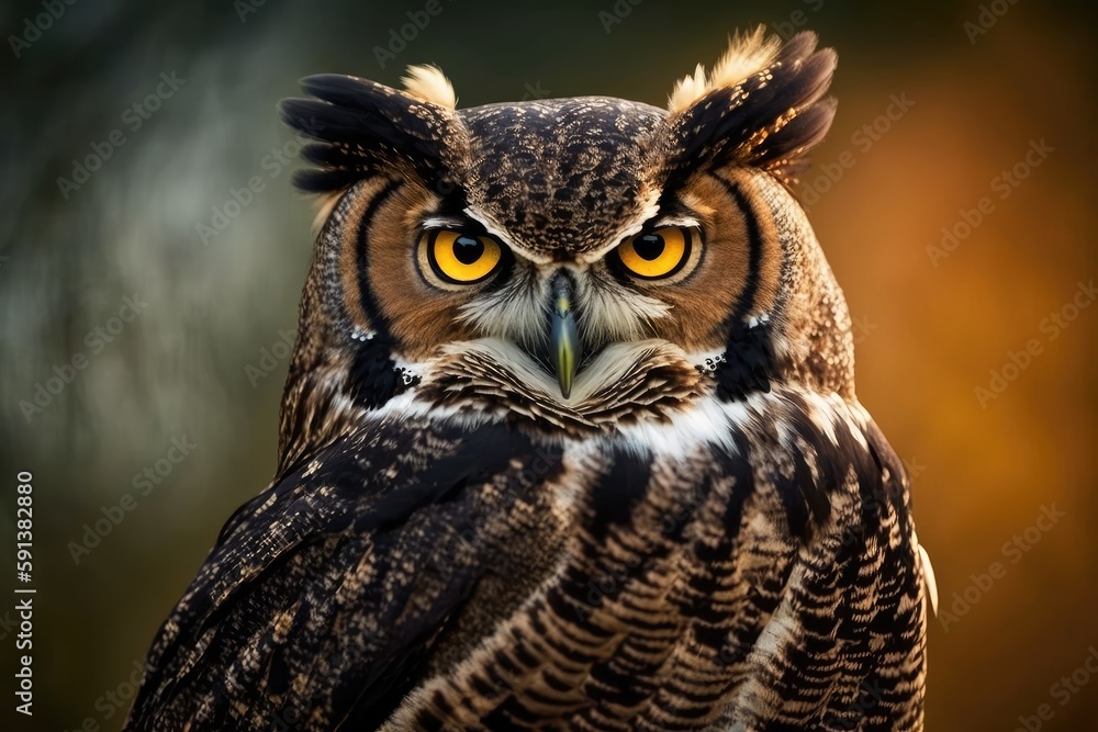 Obraz premium close-up of an owl with striking yellow eyes. Generative AI
