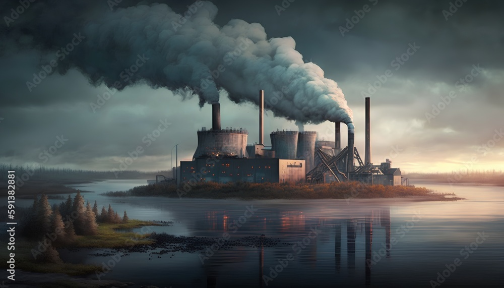 Landscape dominated by factories with billowing smoke. Negative impact of industrialization on air quality and the environment. Thick smog and polluted air.Generative AI