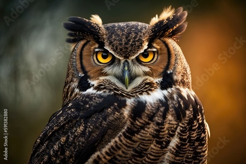 close-up of an owl with striking yellow eyes. Generative AI