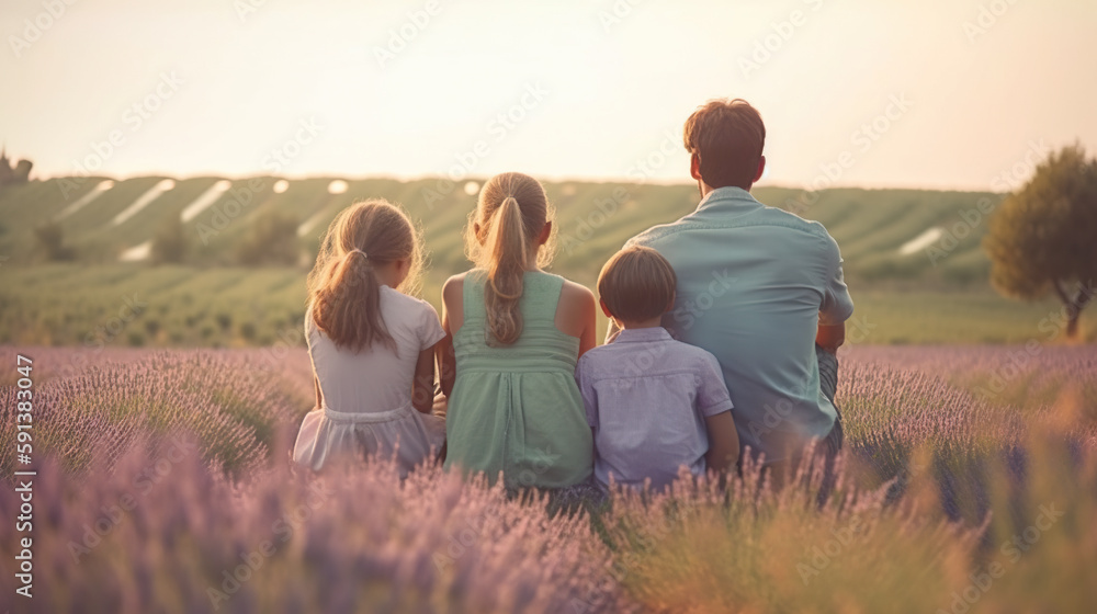 Happy family of three in lavender field at sunset, back view. Generative AI