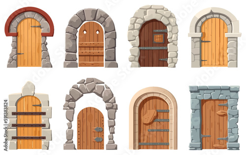 Foto set vector illustration of ancient castle and strong wooden door isolate on whit