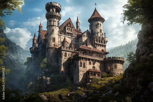 Romantic Medieval Castles. Generative AI. A digital painting of a medieval castle.
