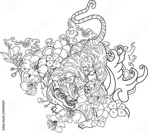 Wallpaper Mural Japanese tiger with sakura flower and water splash tattoo.Illustration design tiger and cherry peach flower art vector. Torontodigital.ca