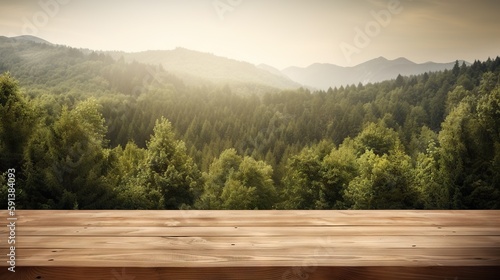 Wood table mockup with scenic green forest on background. Empty copy space for product presentation. Generative AI