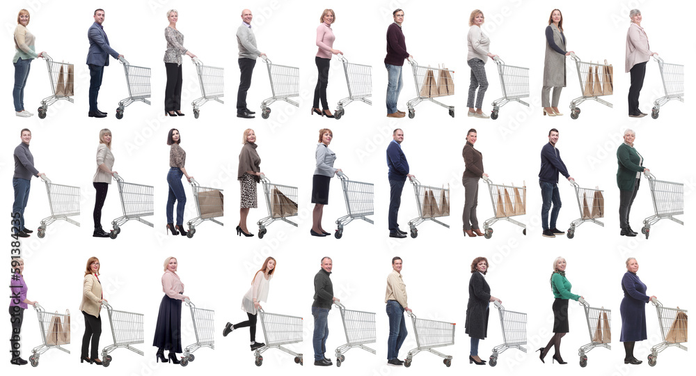 group of people with cart looking at camera isolated group of people with cart looking at camera isolated