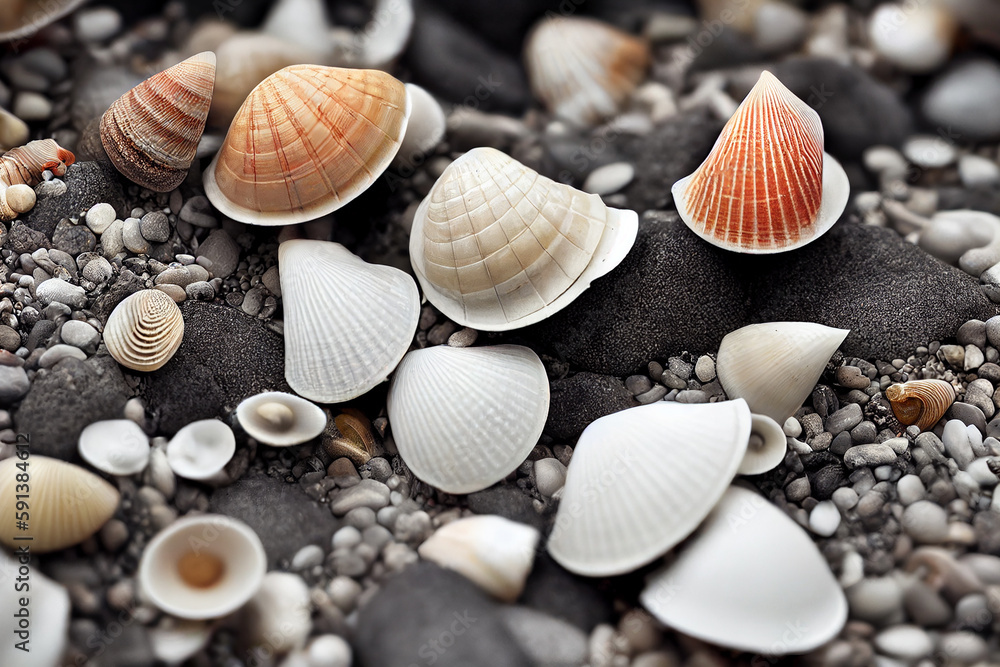 Set of seashells on the beach. Selective focus. AI Generated Image.