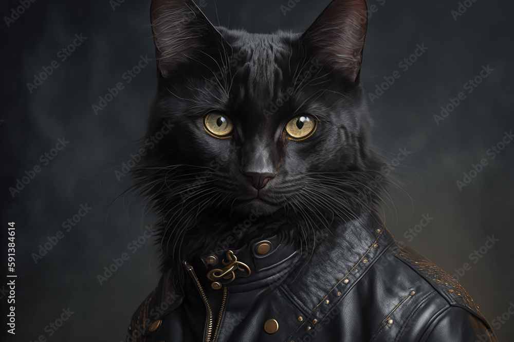 Portrait of a black cat in leather jacket on a dark background. AI Generated Image.