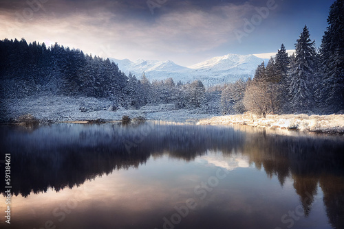 Beautiful winter landscape with frozen lake and mountains in the background. AI Generated Image