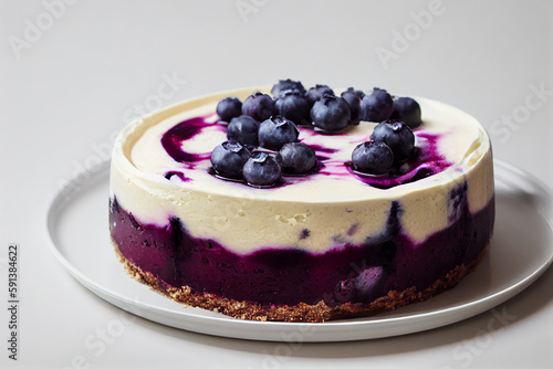 Cheesecake with fresh blueberries on a white plate on a dark background. AI generated.