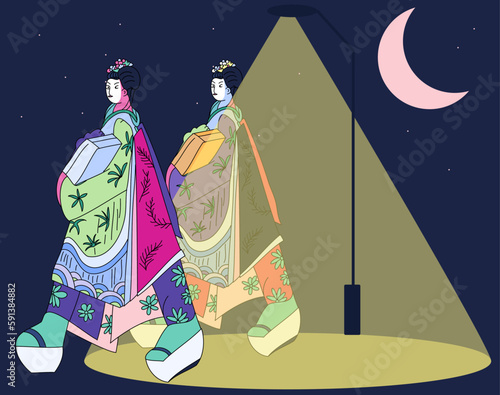 black and white vector illustration in flat cartoon style.Geisha white face in Kyoto at night.Triangle japanese grapic Geisha in Gion Kyoto.