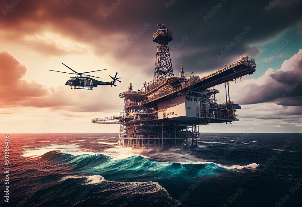 Offshore oil and gas rig platform with offshore helicopter transporting ...