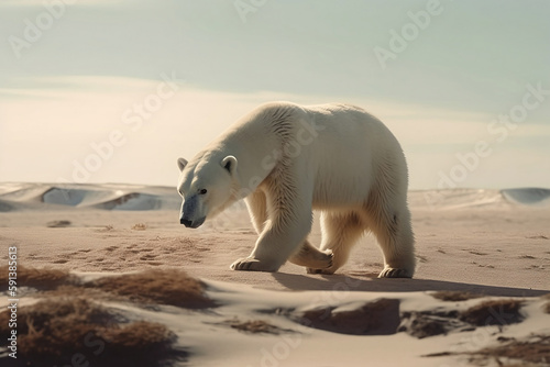 Polar bear walking in desert. Generative AI illustration