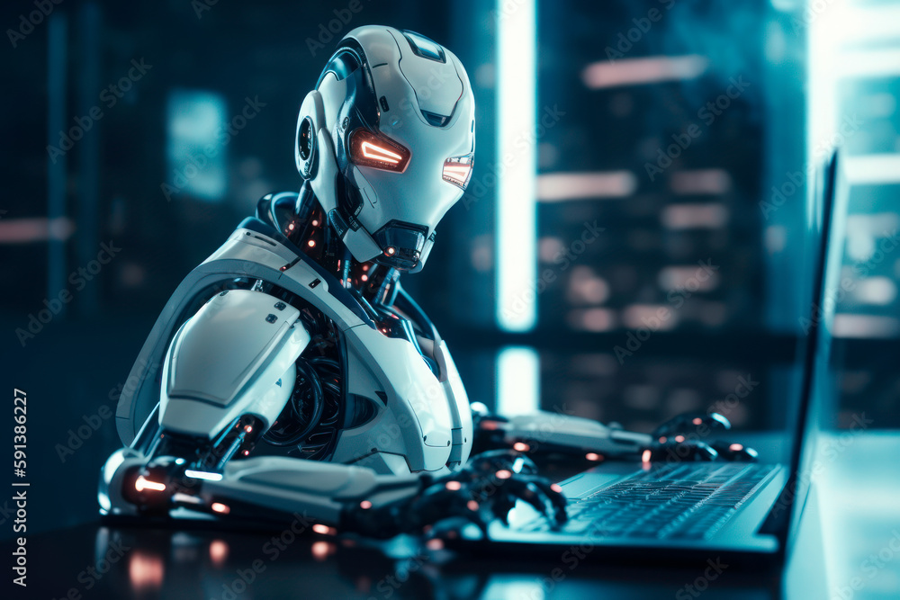 Artificial intelligence robot doing office job at the desk. Generative AI Artificial intelligence robot doing office job at the desk. Generative AI