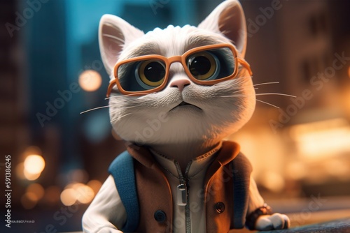 A Cool Cat with Glasses  3D Cartoon Character. Generative AI