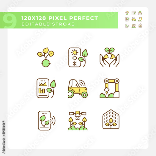 Future farming green RGB color icons set. Modern agriculture. High tech. Artificial intelligence. Smart farms. Isolated vector illustrations. Simple filled line drawings collection. Editable stroke