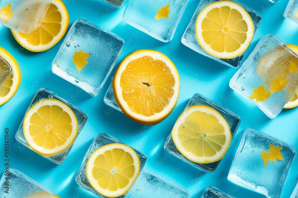 Frozen lemon and ice cubes on blue background. Generative AI Frozen lemon and ice cubes on blue background. Generative AI