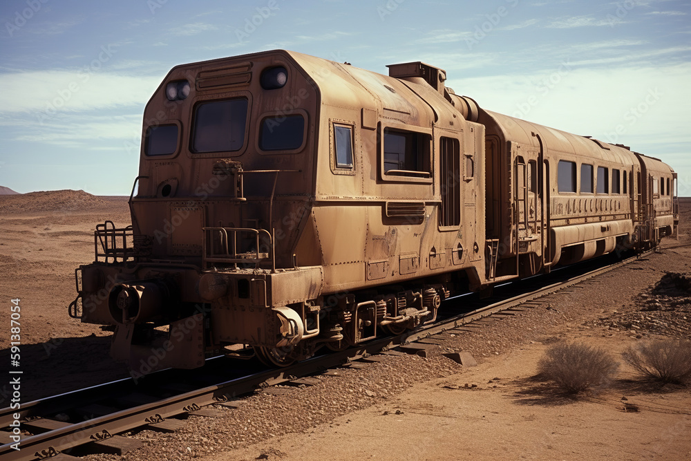 Fototapeta premium Red Planet Rail. Train ride along Martian equator. Generative AI