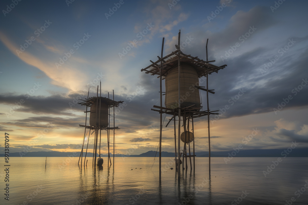 A community adapts to rising sea levels with floating architecture. Generative AI