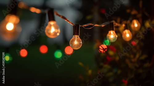 Festive string lights hanging in a backyard on bokeh background, perfect for parties. Generative AI