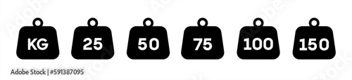 Weight of 25 kg, 50 kg, 100 kilo, and 150 kilograms vector icon set illustration 10 eps.
