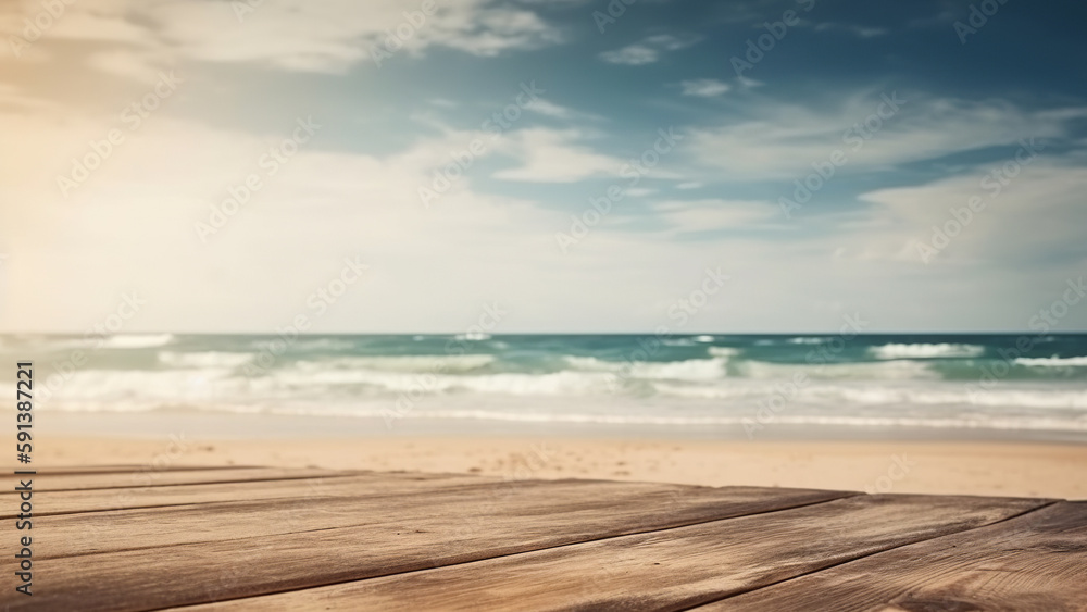 Tropical beach with blurred sea and sky, wooden table top for product ads. Generative AI Tropical beach with blurred sea and sky, wooden table top for product ads. Generative AI