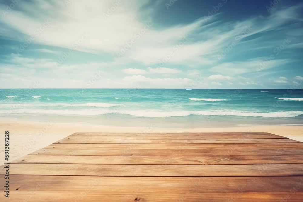 Tropical beach with blurred sea and sky, wooden table top for product ads. Generative AI Tropical beach with blurred sea and sky, wooden table top for product ads. Generative AI