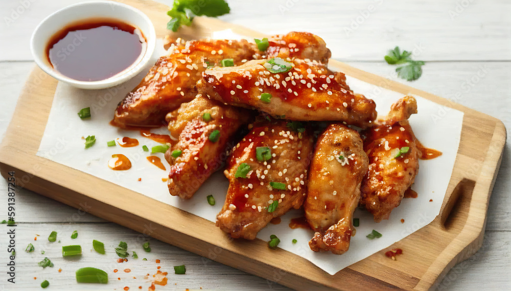 Baked chicken wings with white sesame seeds and sweet chili sauce on  wooden board. AI Generated.