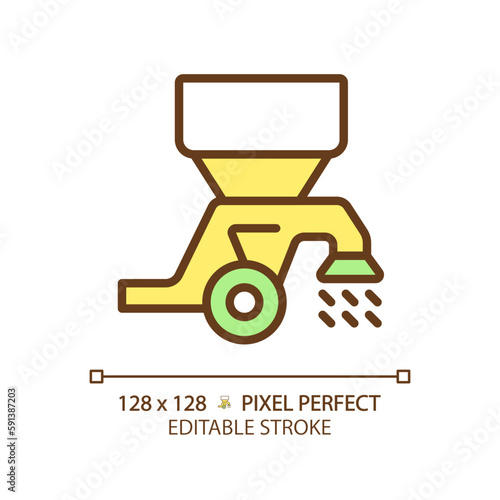 Seed drill green RGB color icon. Modern tractor. Farm equipment. Spreader machine. Broadcast seeder. Planting grain. Isolated vector illustration. Simple filled line drawing. Editable stroke