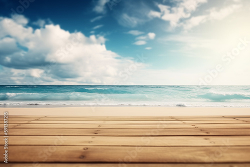 Tropical beach with blurred sea and sky, wooden table top for product ads. Generative AI