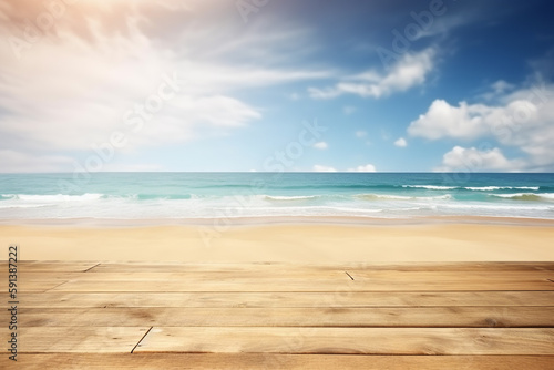 Tropical beach with blurred sea and sky, wooden table top for product ads. Generative AI © yarohork