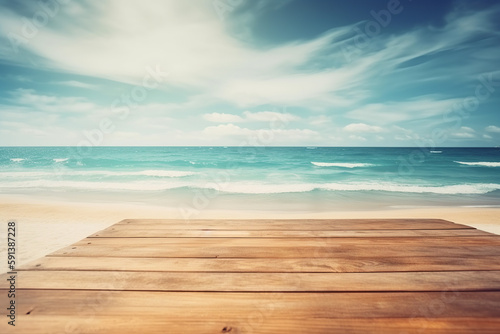 Tropical beach with blurred sea and sky  wooden table top for product ads. Generative AI