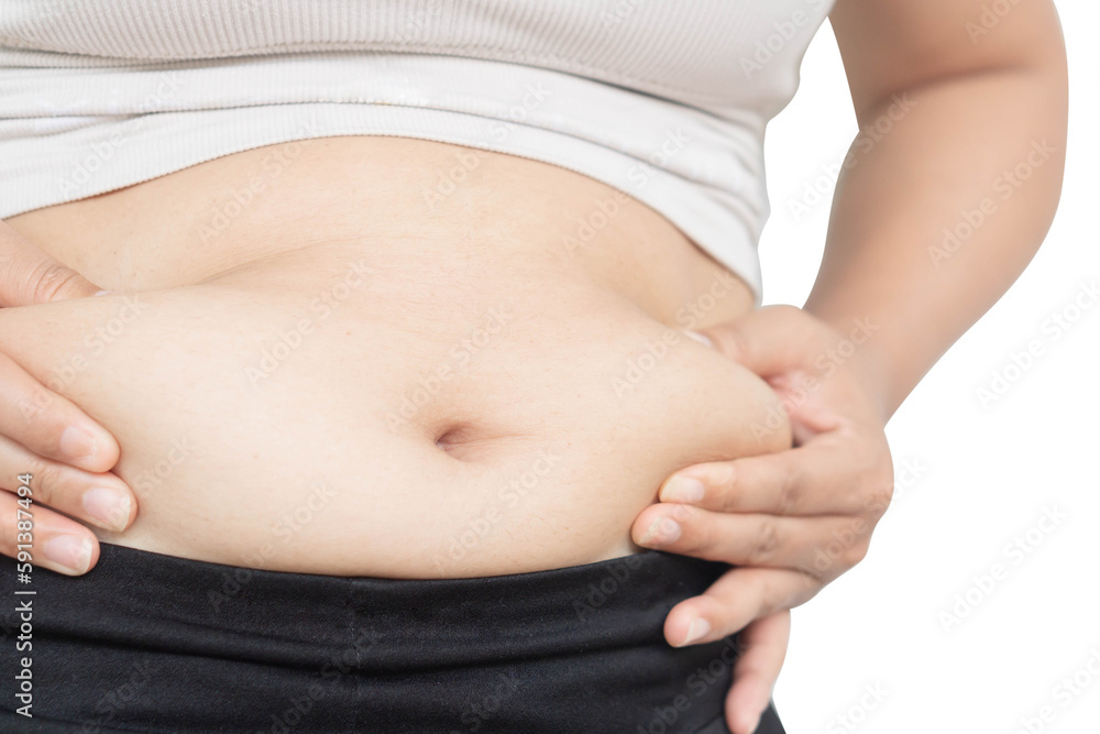 Closeup hand holding abdominal surface woman fat, healthy care and beauty concept Closeup hand holding abdominal surface woman fat, healthy care and beauty concept
